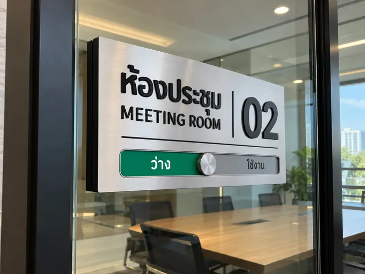 ภาพตัวอย่างลักษณะงาน: ป้ายชื่อห้องประชุมและสถานะห้อง