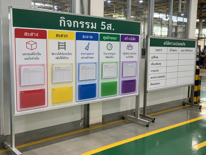 ภาพตัวอย่างลักษณะงาน: บอร์ดกิจกรรม 5ส. และข้อมูลความปลอดภัย