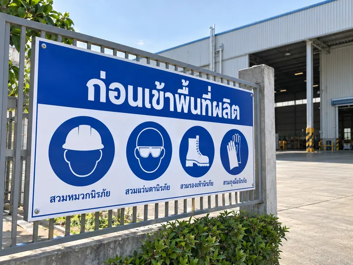 ภาพตัวอย่างลักษณะงาน: ป้ายข้อปฏิบัติก่อนเข้าพื้นที่ผลิต