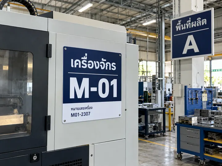 ภาพตัวอย่างลักษณะงาน: ป้ายรหัสเครื่องจักรและพื้นที่ผลิต