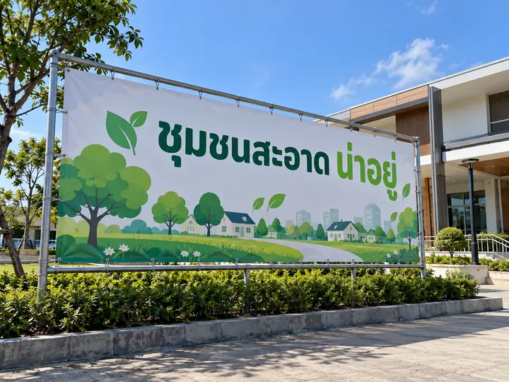 ภาพตัวอย่างลักษณะงาน: ป้ายไวนิลรณรงค์ดูแลชุมชน