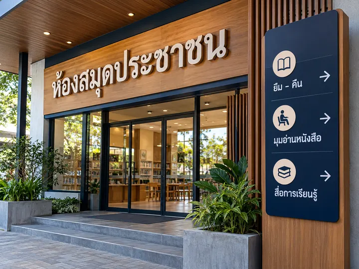 ภาพตัวอย่างลักษณะงาน: ป้ายห้องสมุดและป้ายแนะนำพื้นที่