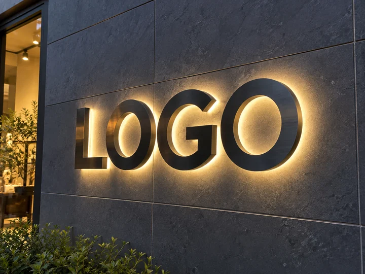 ภาพตัวอย่างลักษณะงาน: ภาพจำลองตัวอักษร LOGO โลหะมีไฟซ่อนหลังบนผนังสีเข้ม