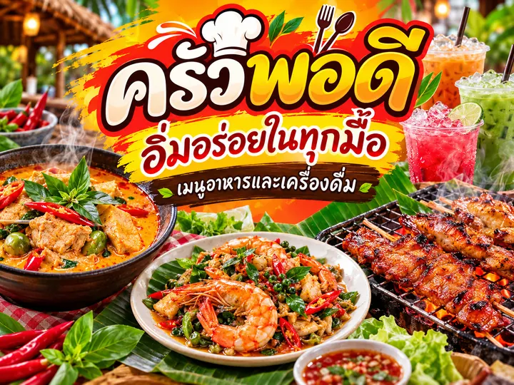 ภาพตัวอย่างลักษณะงาน: ออกแบบป้ายไวนิลและเมนูอาหาร แบรนด์สมมติ ปรับด้วย AI