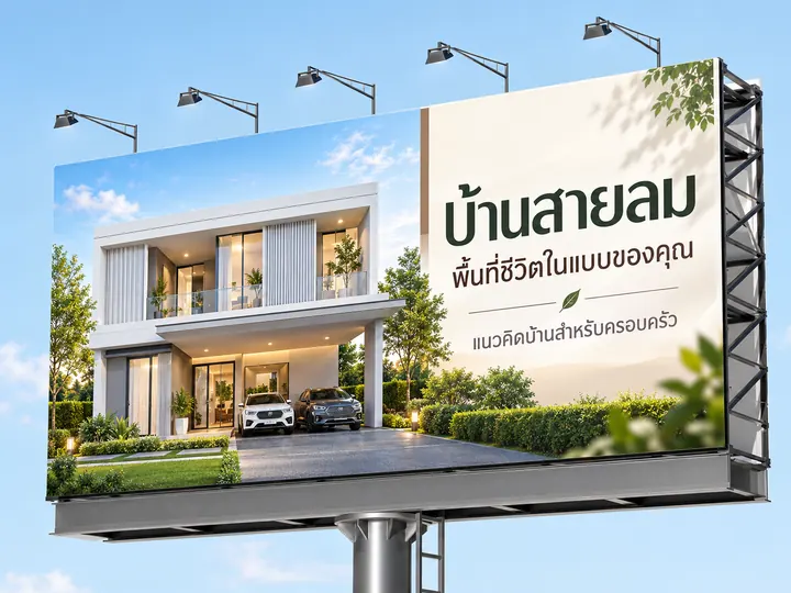 ภาพตัวอย่างลักษณะงาน: ออกแบบบิลบอร์ดโครงการบ้าน แบรนด์สมมติ ปรับด้วย AI