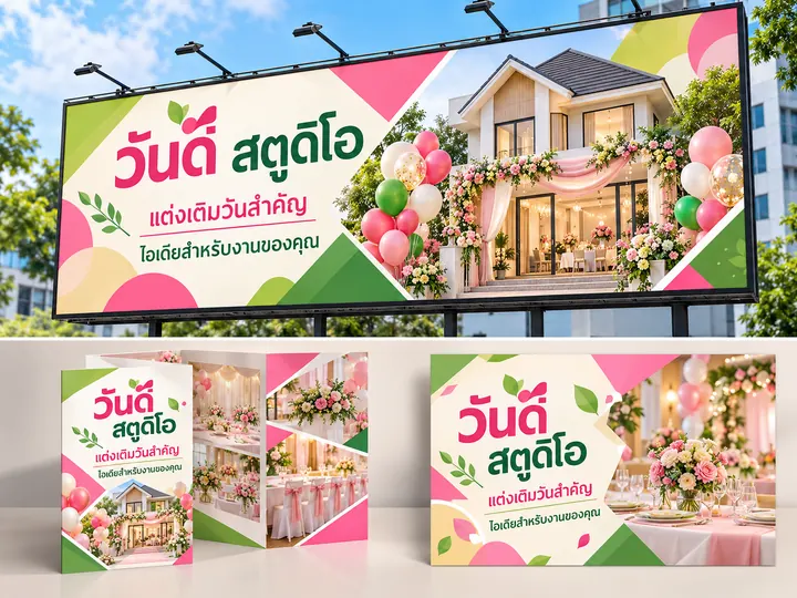 ภาพตัวอย่างลักษณะงาน: ออกแบบโบรชัวร์และป้ายโฆษณา แบรนด์สมมติ ปรับด้วย AI