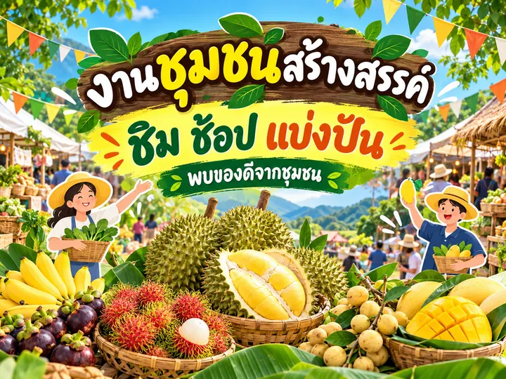 ภาพตัวอย่างลักษณะงาน: ออกแบบสื่อประชาสัมพันธ์หน่วยงานและเทศกาล แบรนด์สมมติ ปรับด้วย AI