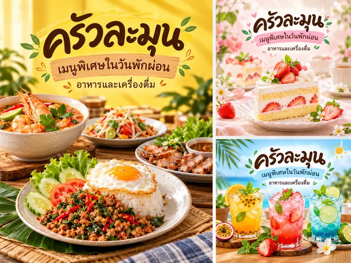 ภาพตัวอย่างลักษณะงาน: ออกแบบเมนู โปรโมชั่น และโปสเตอร์กิจกรรม แบรนด์สมมติ ปรับด้วย AI