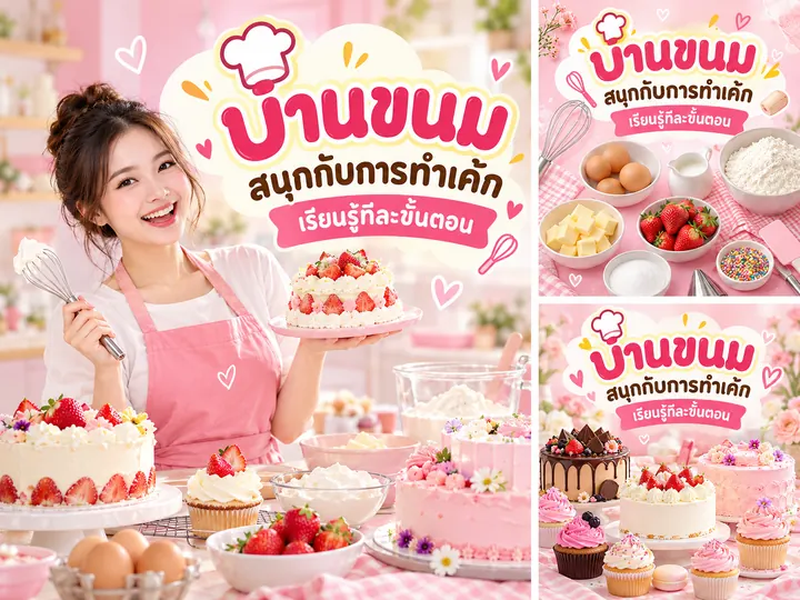 ภาพตัวอย่างลักษณะงาน: ภาพโปรโมตคอร์สทำขนม แบรนด์สมมติ ปรับด้วย AI