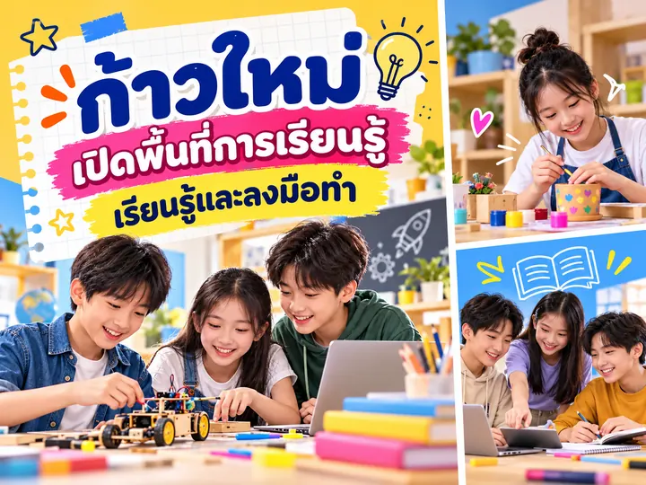 ภาพตัวอย่างลักษณะงาน: ภาพประชาสัมพันธ์กิจกรรมและการศึกษา แบรนด์สมมติ ปรับด้วย AI